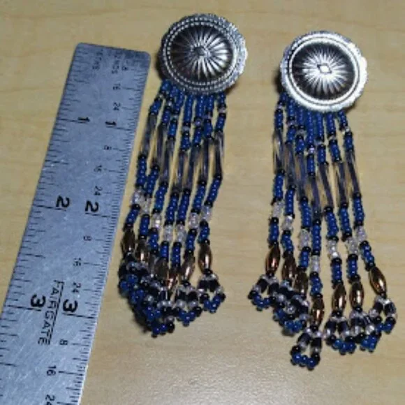 Silver Tone Blue Glass Beads Pierce Earrings 3" Long - Picture 4 of 10